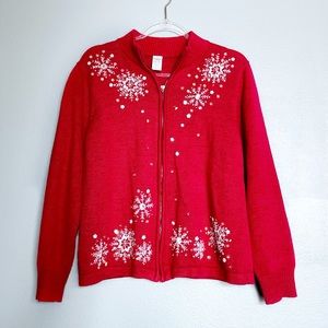 Vintage Beaded Snowflake Christmas Sweater Embroidered Size Large
